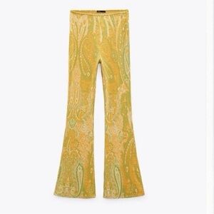 Zara Yellow and Green Paisley Flare Pants NWT size M
